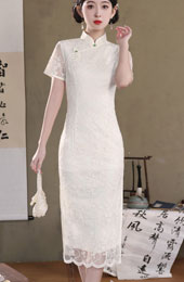 White Lace Midi Qipao Cheongsam Dress