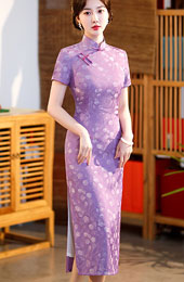 Purple Blue Jacquard Floral Qipao Cheongsam Dress