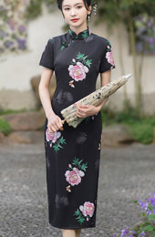 Black Floral Print Midi Cheongsam Qipao Dress