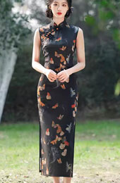 Black Butterfly Print Cheongsam Qipao Dress