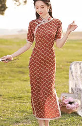 Summer Red Stripe Mid Qipao Cheongsam Dress