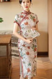 2024 Floral Print Midi Qipao Cheongsam Dress