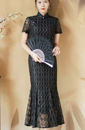 Black Plaid Lace Midi Fishtail Qipao Cheongsam Dress