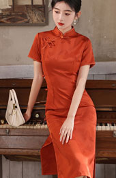 Orange Jacquard Floral Midi Qipao Cheongsam Dress