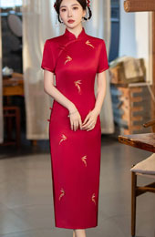 Red Embroidered Phoenix Wedding Cheongsam Qipao Dress