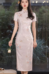 Pink Jacquard Floral Cheongsam Qipao Dress