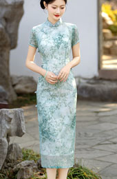 Green Floral Mulberry Silk Midi Qipao Cheongsam Dress