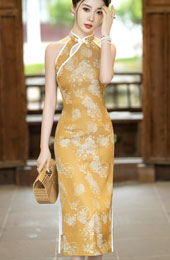 Yellow Floral Halter Cheongsam Qipao Dress