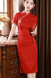 Red Vintage Jacquard Cheongsam Qipao Dress