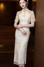 Champagne Lace Illusion Bridal Wedding Cheongsam Dress