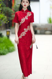 Red Jacquard Appliques Wedding Cheongsam Qipao Dress