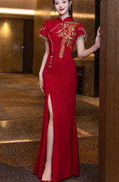 Burgundy Shimmer Split Fishtail Wedding Qipao Cheongsam Dress