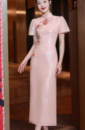 Pink Sequins Embroidered Wedding Cheongsam Qipao Dress
