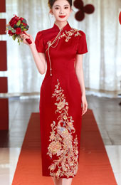 Red Sequins Phoenix Wedding Cheongsam Qipao Dress