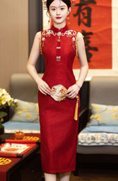 Red Lace Tassels Midi Wedding Cheongsam Qipao Dress