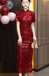 Red Sequins Appliques Cheongsam Qipao Prom Dress