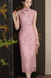Pink Floral Sleeveless Cheongsam Qipao Dress