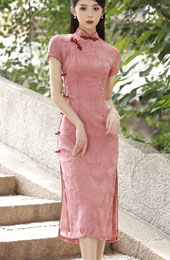 Pink Jacquard Floral Midi Cheongsam Qipao Dress