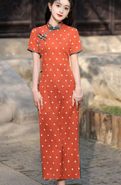 Orange Dots Print Cheongsam Qipao Dress