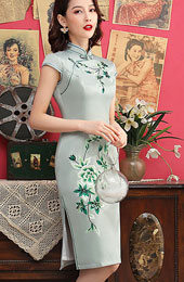 Green Pink Beaded Floral Embroidery Cheongsam Qipao Dress
