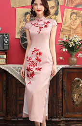 Pink Beaded Floral Embroidered Long Cheongsam Qipao Dress