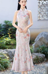 Floral Print Halter Fishtail Qipao Cheongsam Dress