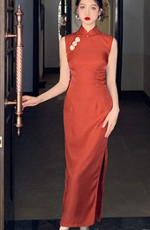 Orange Sleeveless Long Qipao Cheongsam Dress