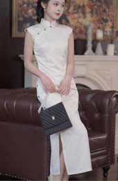 White Jacquard Floral Long Cheongsam Qipao Dress