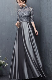 Gray Appliques A-line Maxi Cheongsam Qipao Dress