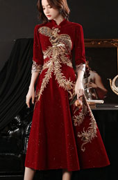 Burgundy Shimmer Phoenix Midi A-line Cheongsam Qipao Dress
