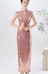 Pink Gold Sequins Long Qipao Cheongsam Evening Dress