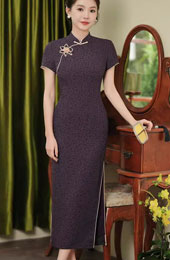 Purple Black Jacquard Floral Qipao Cheongsam Dress