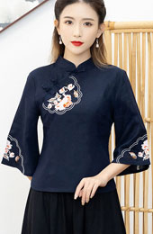 Blue Red Linen Qipao Cheongsam Blouse Top