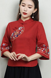 Red Embroidered Linen Qipao Cheongsam Blouse Top