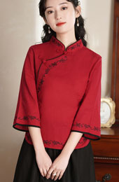 Red Blue Embroidered Linen Cheongsam Blouse Top