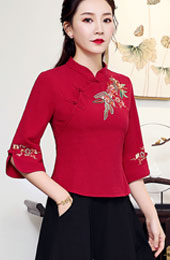 Red White Embroidered Linen Cheongsam Blouse Top