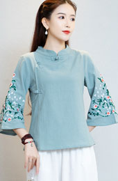 Pink White Embroidered Floral Cheongsam Blouse Top