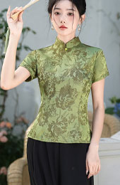 Green Floral Print Qipao Cheongsam Blouse Top