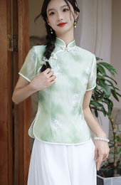 Green Pink Jacquard Qipao Cheongsam Blouse Top