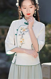 Green White Embroidered Cheongsam Blouse Top