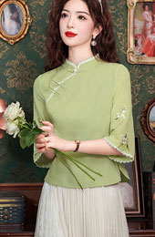 Green Embroidered Floral Cheongsam Blouse Top