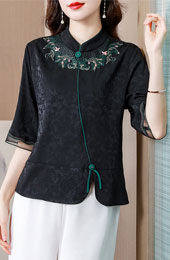 Black Embroidered Mothers Cheongsam Blouse Top