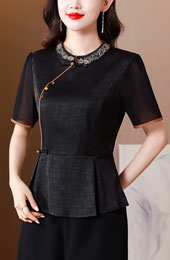 Black Embroidered High Waist Cheongsam Blouse Top