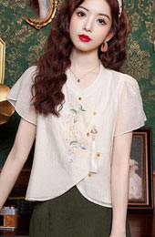 Embroidered Chiffon Asymmetric Hem Cheongsam Blouse Top