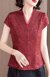 Red Black Jacquard Mothers V Neck Blouse Top