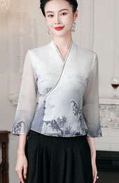 Chinese Painting Print V Neck Cheongsam Blouse Top