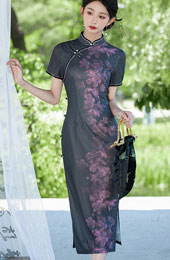 Black Floral Maxi Cheongsam Qipao Dress