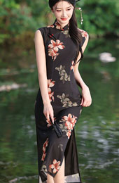 Black Floral Sleeveless Cheongsam Qipao Dress