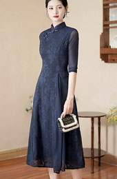 Blue Burgundy Jacquard Mothers Midi A-Line Cheongsam Qipao Dress