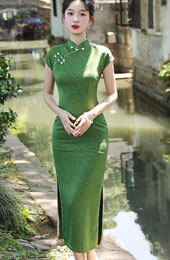 2024 Green Leaf Jacquard Qipao Cheongsam Dress